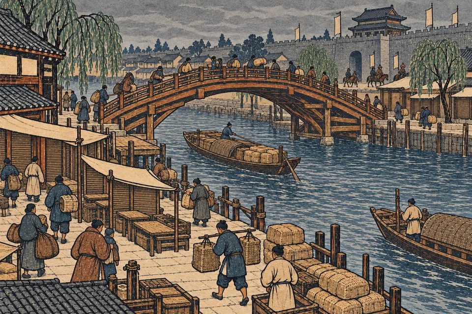 A canal and arched bridge in Kaifeng under a grey sky